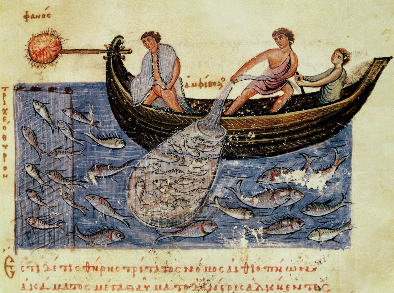 Ms Grec 479 Fishing with a Net, illustration från Halieutica av Oppian (tempera på veläng) av Italian School