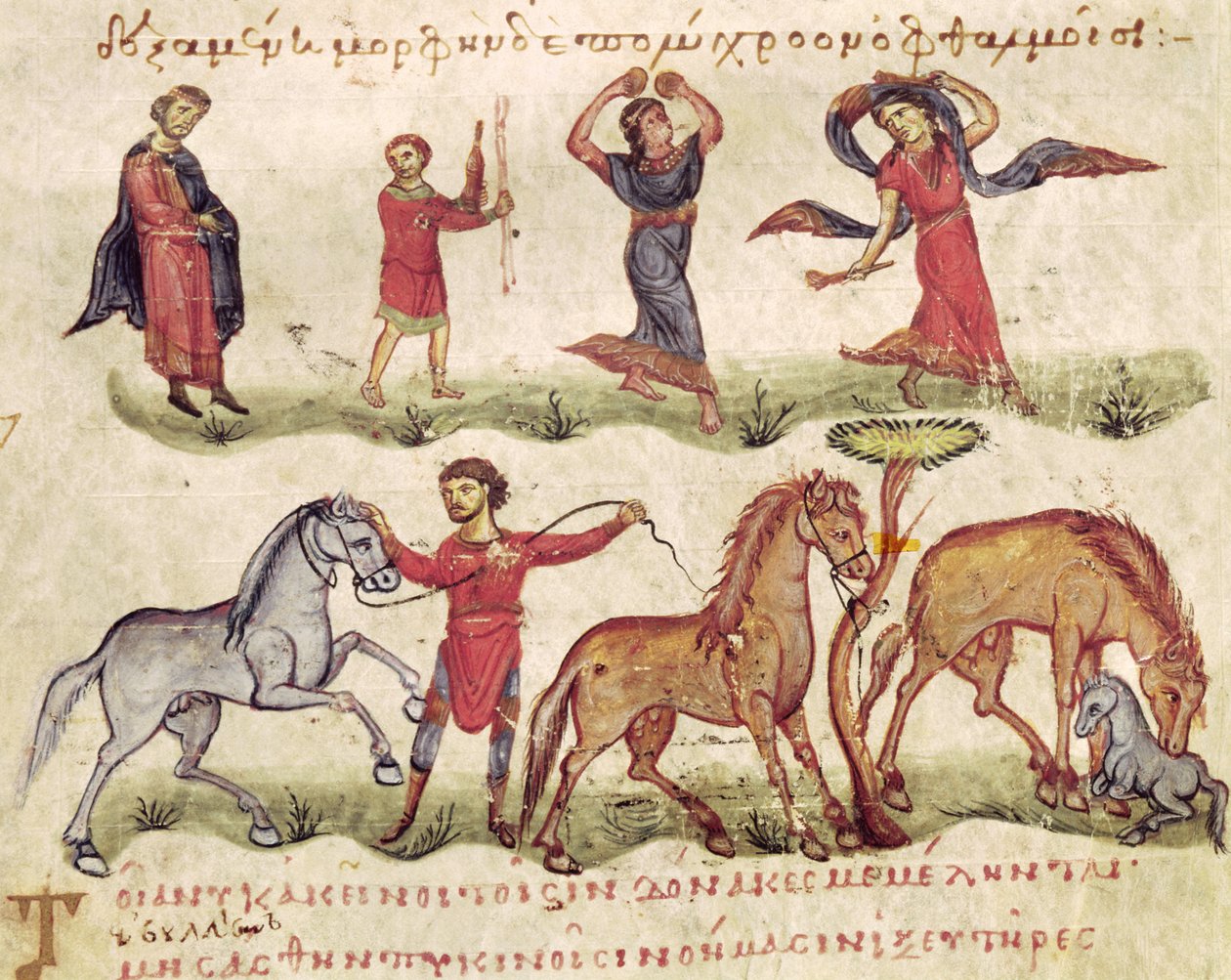 Ms Grec 479 Horse Trainers, illustration från Halieutica eller Cynegetica av Oppian av Italian School