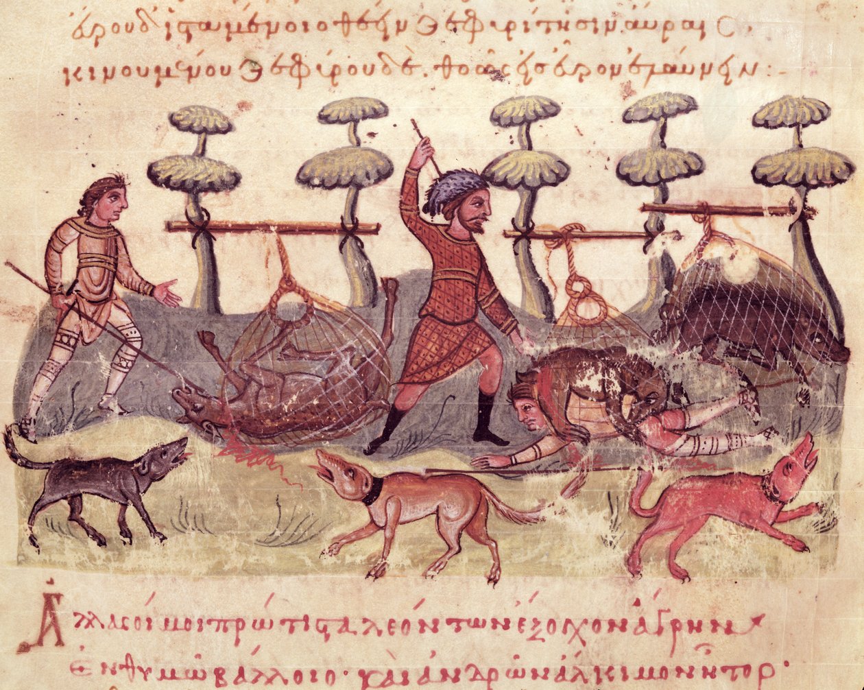 Ms Grec 479 Hunting with Nets, illustration från Cynegetica av Oppian (tempera på veläng) av Italian School