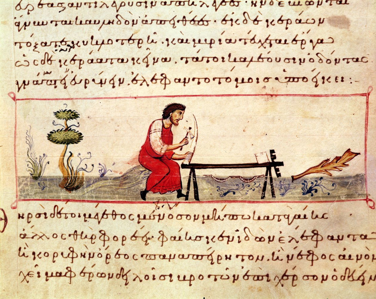 Ms. Grec 479 Traditionellt arbete i elfenben, en illustration från Cynegetica av Oppian (tempera på veläng) av Italian School