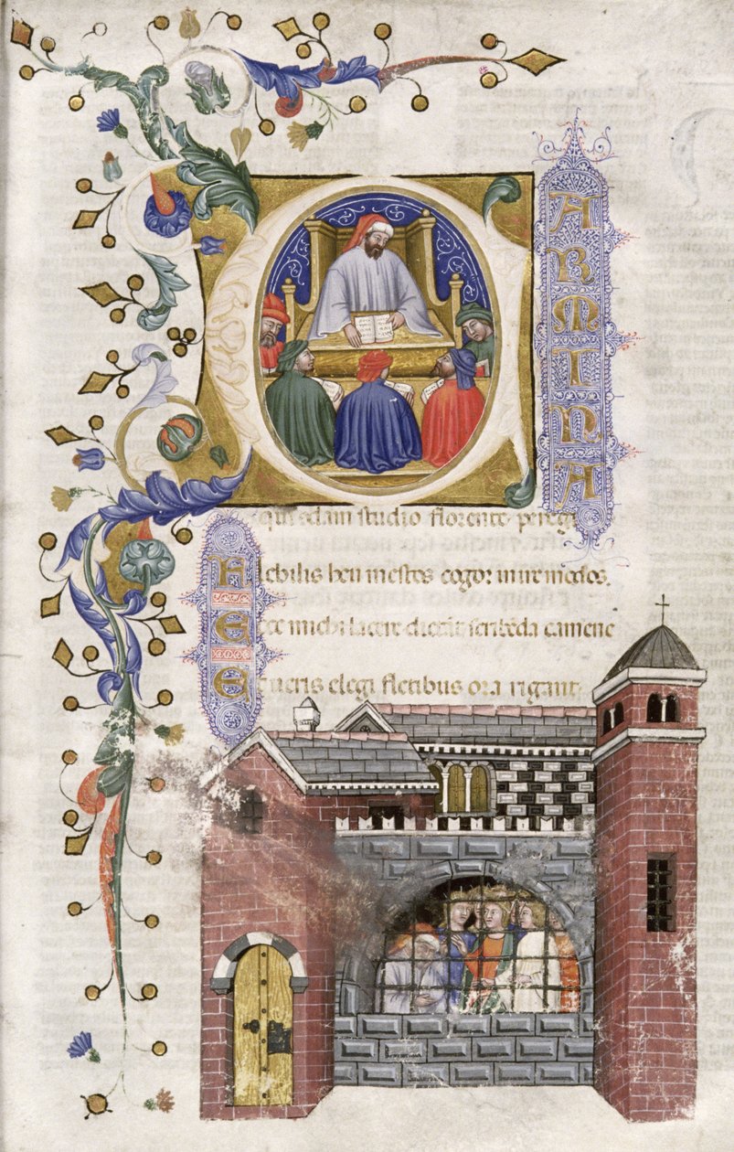 Ms Hunter 374 f.4r Boethius med studenter i fängelse, från De Consolation Philosophiae cum Commento, 1385 av Italian School