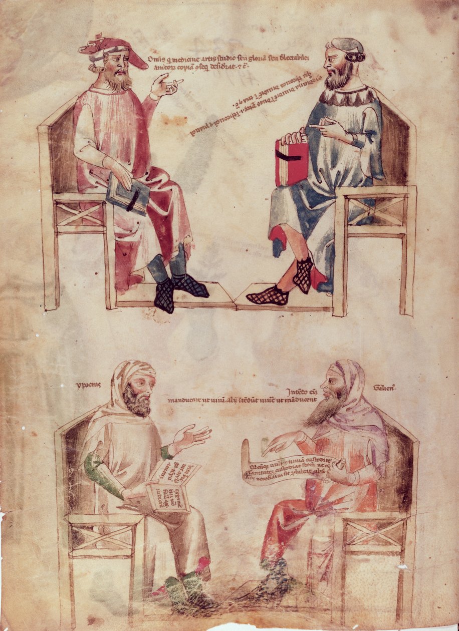 Ms Lat 6823 fol.1v Hippokrates (c.460-c.377 f.Kr.) och Hunayn ibn Ishaq (808-73) och Hippokrates och Claudius Galenus (c.131-c.201) från De Herbis av Manfredus de Monte Imperiali, ca. .330-40 av Italian School
