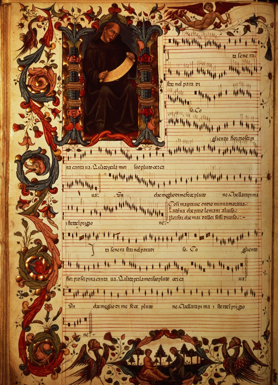Ms Med. Kompis. 87 Sida med musiknotation med historisk initial, från Squarcialupi Codex, producerad vid det florentinska klostret S. Maria degli Angeli (vellum) av Italian School