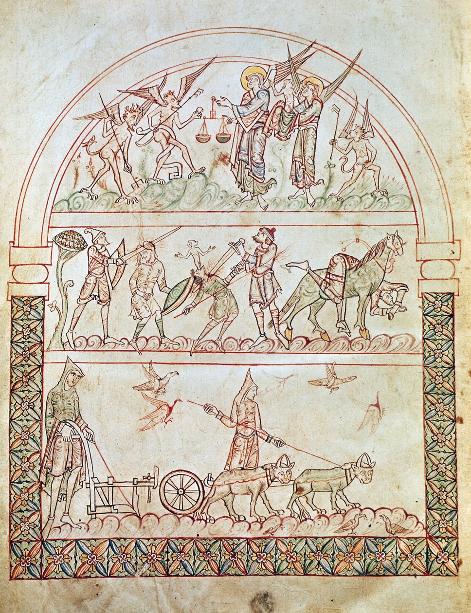 Ms. Plut. 12.17, c. 1b, Den jordiska staden med mänsklighetens svårigheter och olyckor och en själs dom, från Guds stad av St Augustine, 1000-1100-talet av Italian School