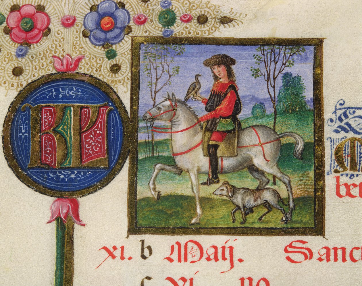 Ms. lat.424 fol.3r Maj månad: Falkejakt, från breviariet av Ercola d