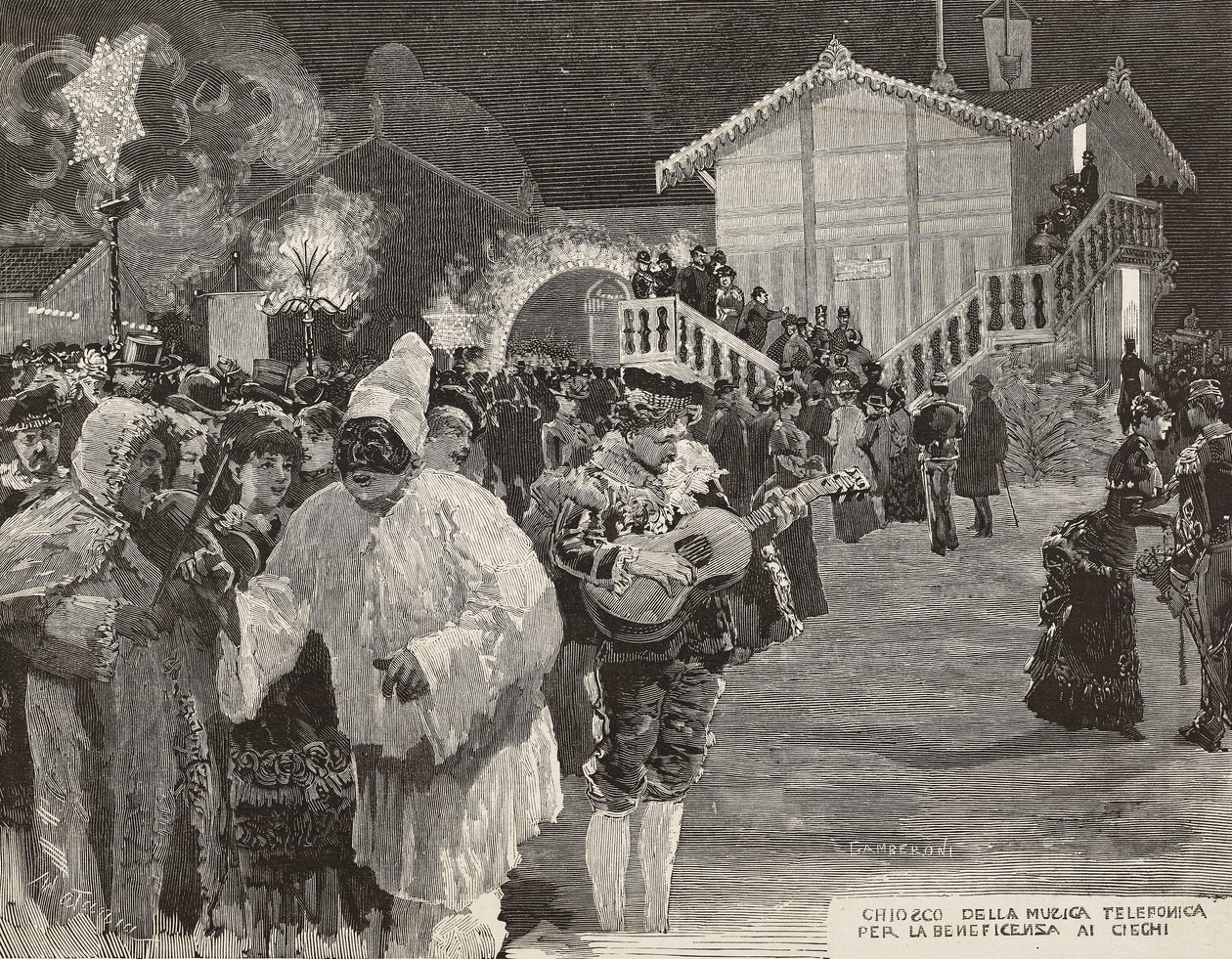 Musikkiosk för att samla in pengar till blinda, Pulcinella-mask, karneval i Neapel, Italien, gravyr från teckning av Matania, gravyr av Gamberoni från L