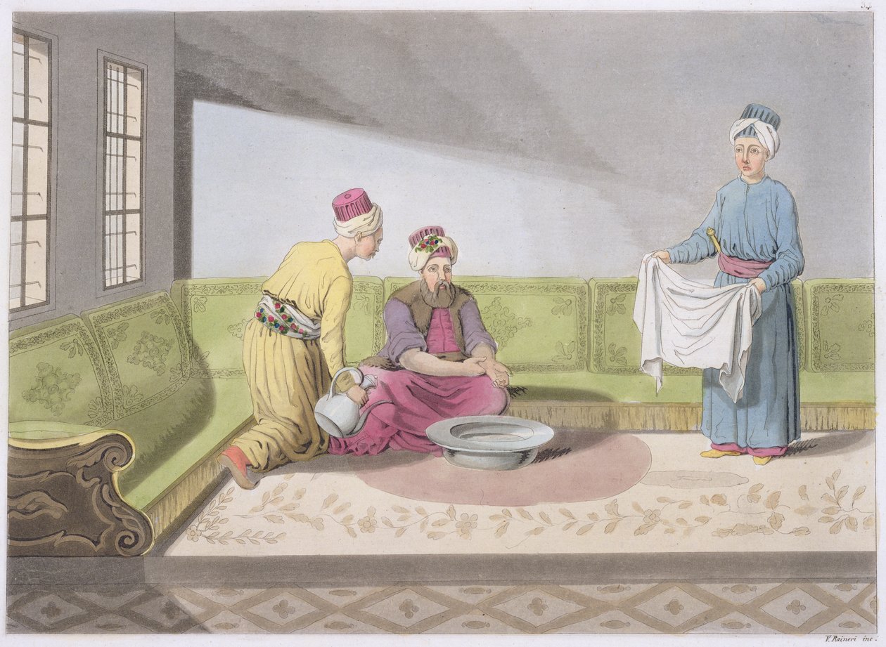 Muslim Performing his Ablutions, skylt 34 från del III, volym I av Nationernas historia, graverad av V. Raineri (akvatint) av Italian School