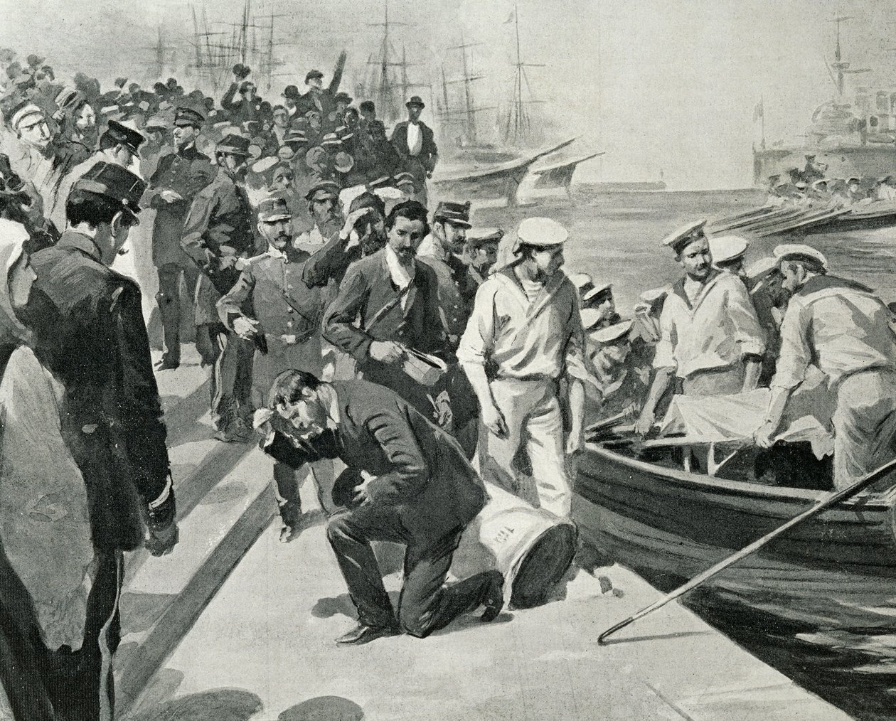 Myteri på det ryska slagskeppet Potemkin som går i land i hamnen i Constanta i Rumänien, Illustration från L