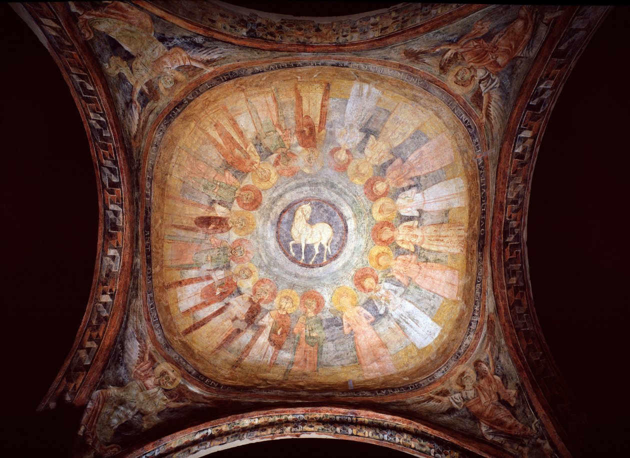 Mystiskt lamm omgivet av helgon och änglar - Fresco av Italian School