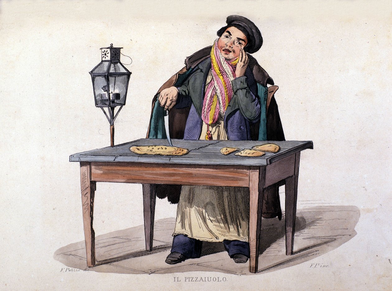 Neapel, pizzaförsäljare. Gravyr efter målning av F. Palizza. Från ett verk av Francesco de Bourcard "" Costumes of the Kingdom of Neapel "" av Italian School