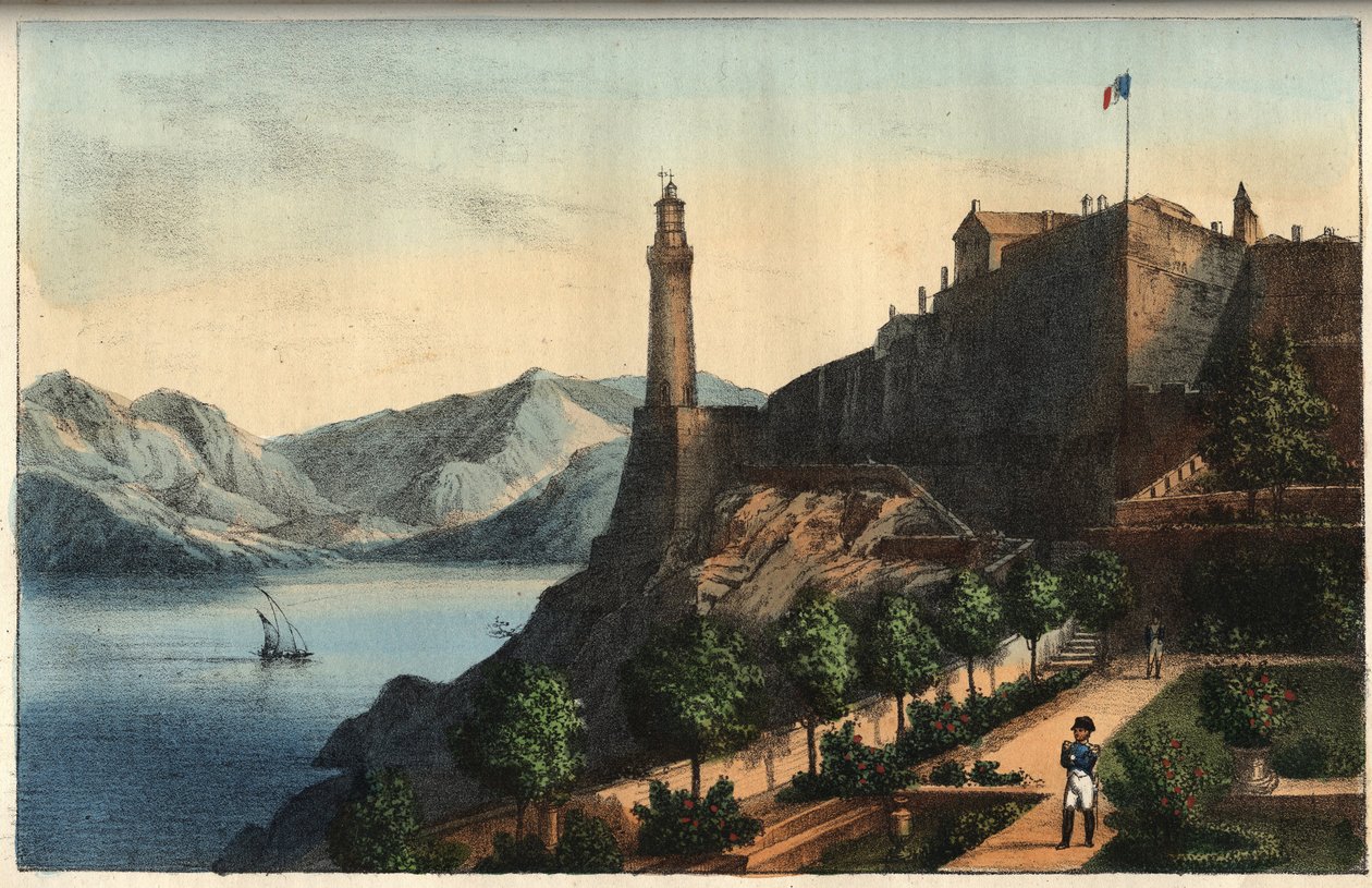 Napoleon på Elba - Napoleon vid Elba - Portoferraio - Elba Island - Napoleon i guvernörens trädgård 1814-1815 - gravyr från "" Seder och seder för alla folk i universum. Det är historien om regeringen, om lagarna, om milisen, om allas religion av Italian School