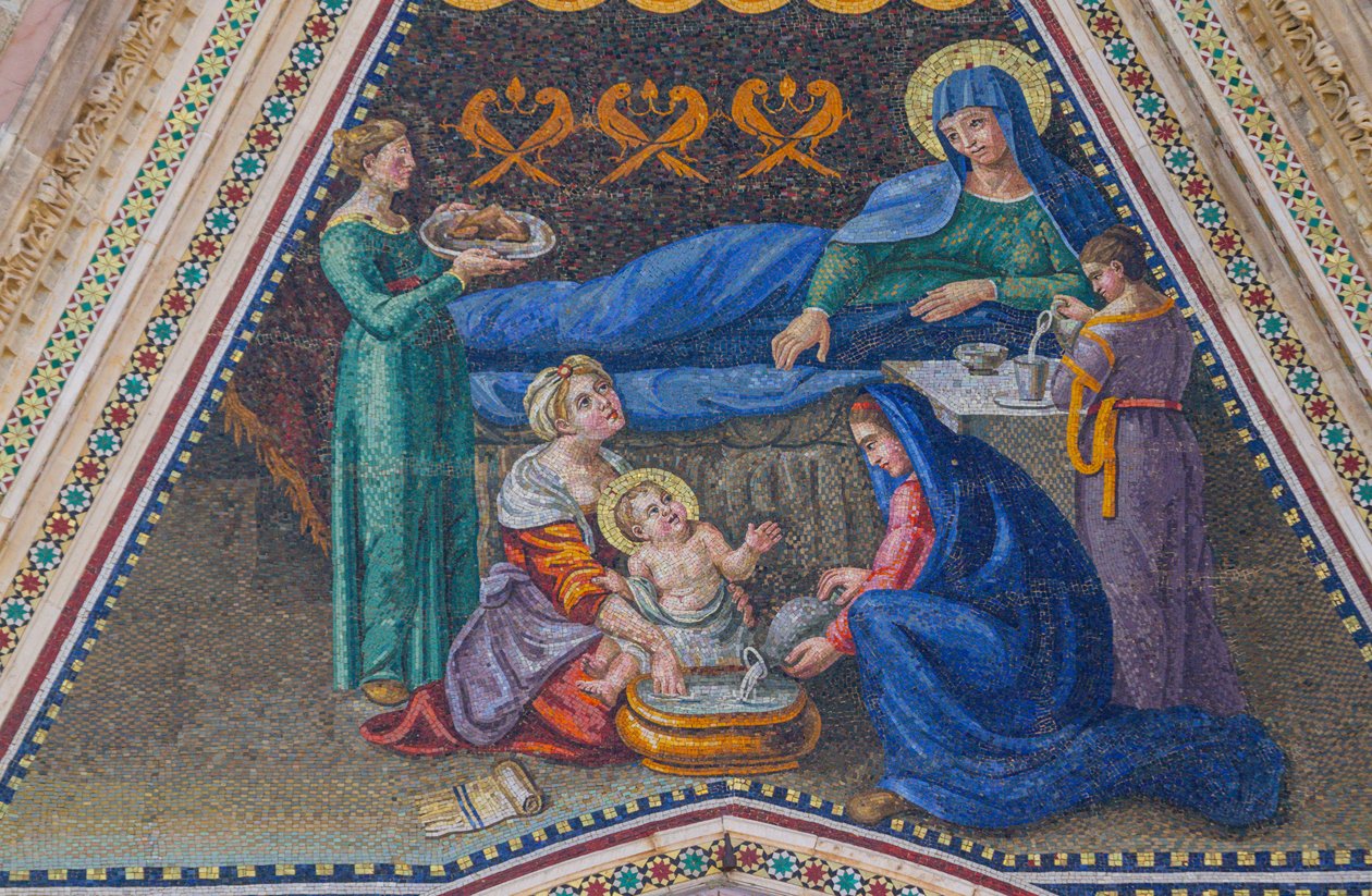 Marias födelse, mosaik, gavel av sidoingång, mosaik, fasad av Orvieto-katedralen, Umbrien, Italien av Italian School