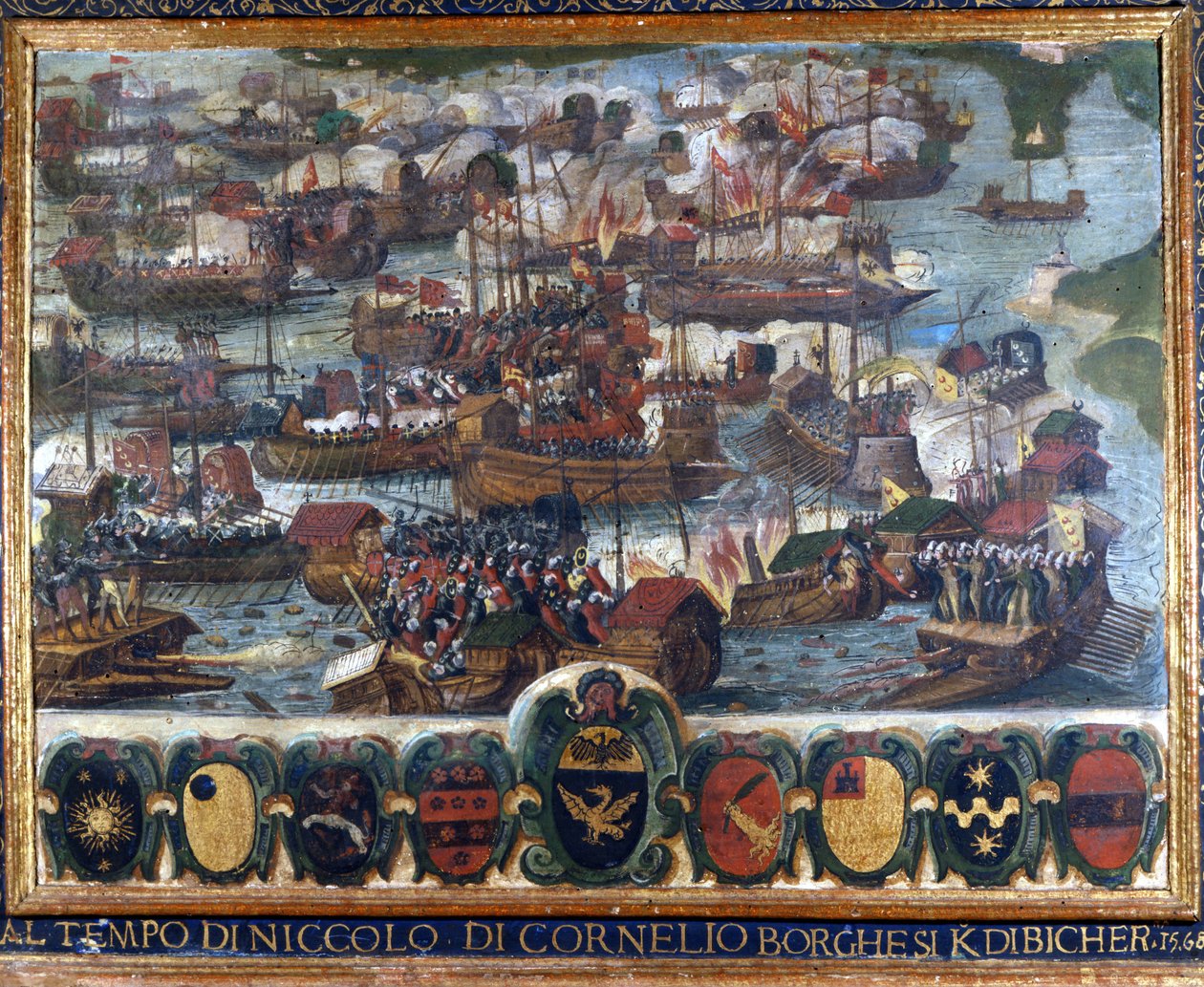 Sjöslaget vid Lepanto (Lepanto): "" Vid den tiden Niccolo di Cornelio Borghesi Kdibicher "" - målning bevarad i nationalarkivet, Siena. av Italian School