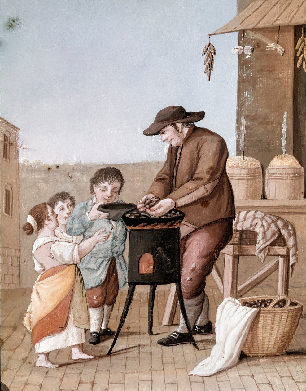 Napolitanska små metiers: försäljaren av kastanjer - (Gammal handel: kastanjeförsäljare) Akvarell från 1800-talet - Neapel Museo Nazionale di San Martino av Italian School
