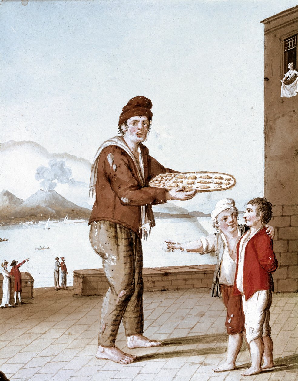 Neapolitan Small Metiers: Säljaren av "" Pasticiotti"" (Neapolitan Sands) - (Old Trade: The Biscuits Seller) Akvarell från 1800-talet - Neapel Museo Nazionale di San Martino av Italian School