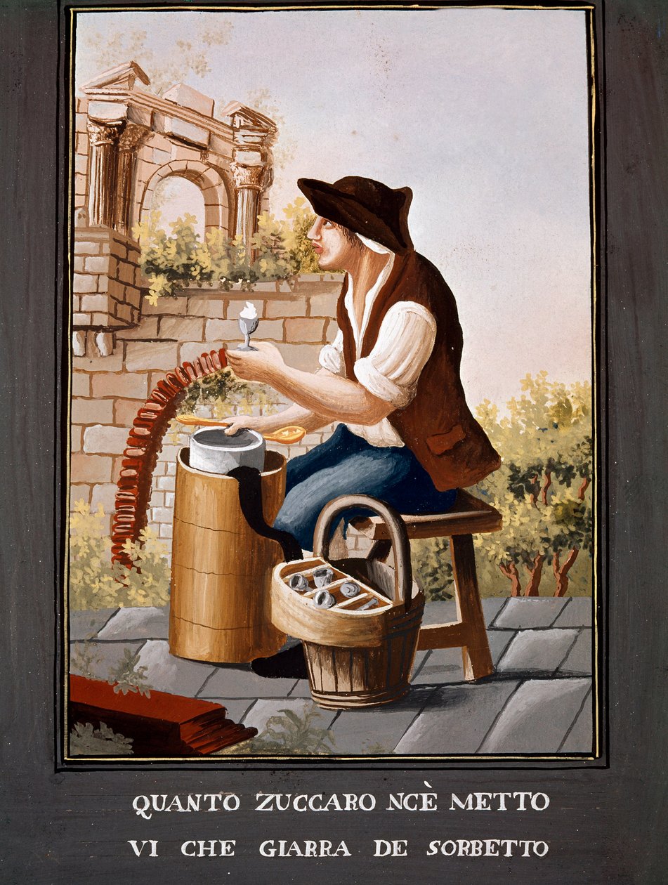 Napolitanska små metiers: säljaren av sorbet - (Gammal handel: glassförsäljaren) 1800-talets akvarell - Neapel Museo Nazionale di San Martino av Italian School