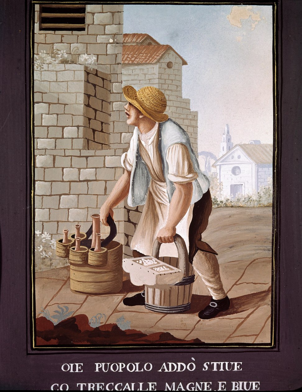 Napolitanska små metiers: den resande säljaren av livsmedel (livsmedelsaffär) - (Gammal handel: den ambulerande livsmedelsaffären) 1800-talets akvarell - Neapel Museo Nazionale di San Martino av Italian School