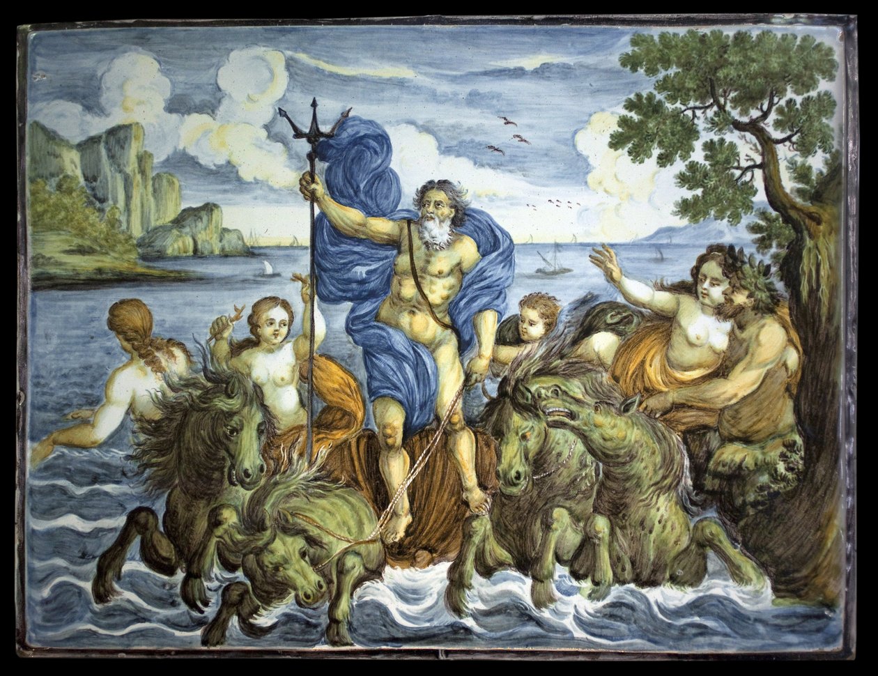 Neptunus på sin tank och med en treudd. Rektangulär tallrik, dekor av stor polykrom eld, tillverkad i Castelli, Italien av Italian School