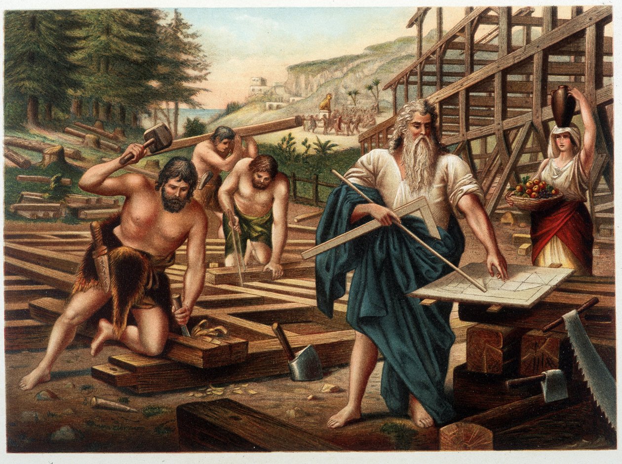 Noe och hans familj bygger arken (Noe tittar på konstruktionsplanen) i "" Golden Classic Bible: History of Divine Revelation in the Ancient and New Tesiamento "" "av Giovanni Ladislao Sykora (vol 1), översatt av Don Clemente Benetti (Italien av Italian School