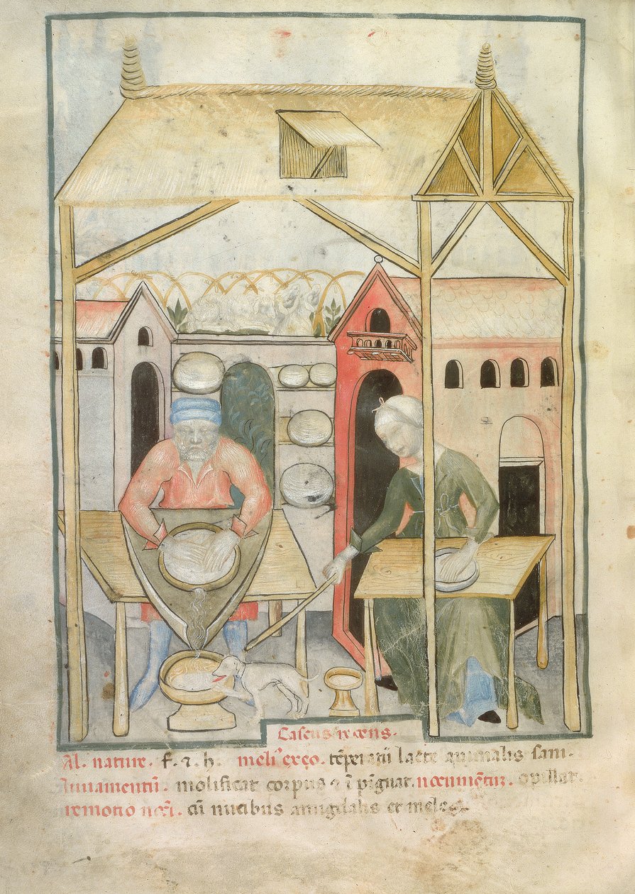Nouv Acq Lat 1673 fol.58v Beredning av ost, från Tacuinum Sanitatis, c.1390-1400 av Italian School