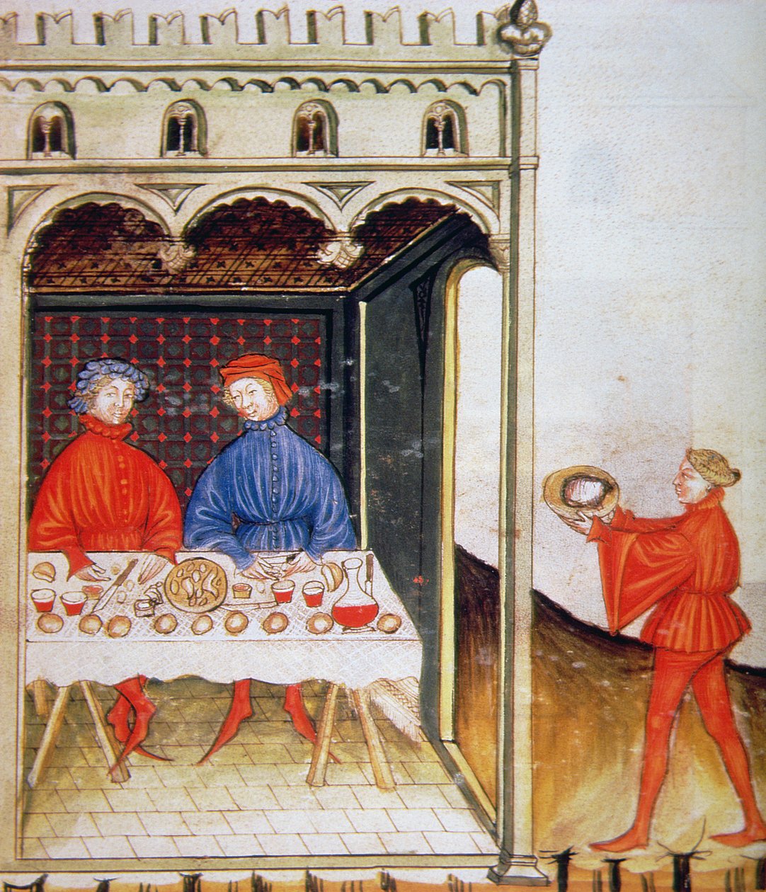 Nova 2644 Fol.53r Provsmakning kokt vete, från Tacuinum Sanitatis Codex Vindobonensis av Italian School