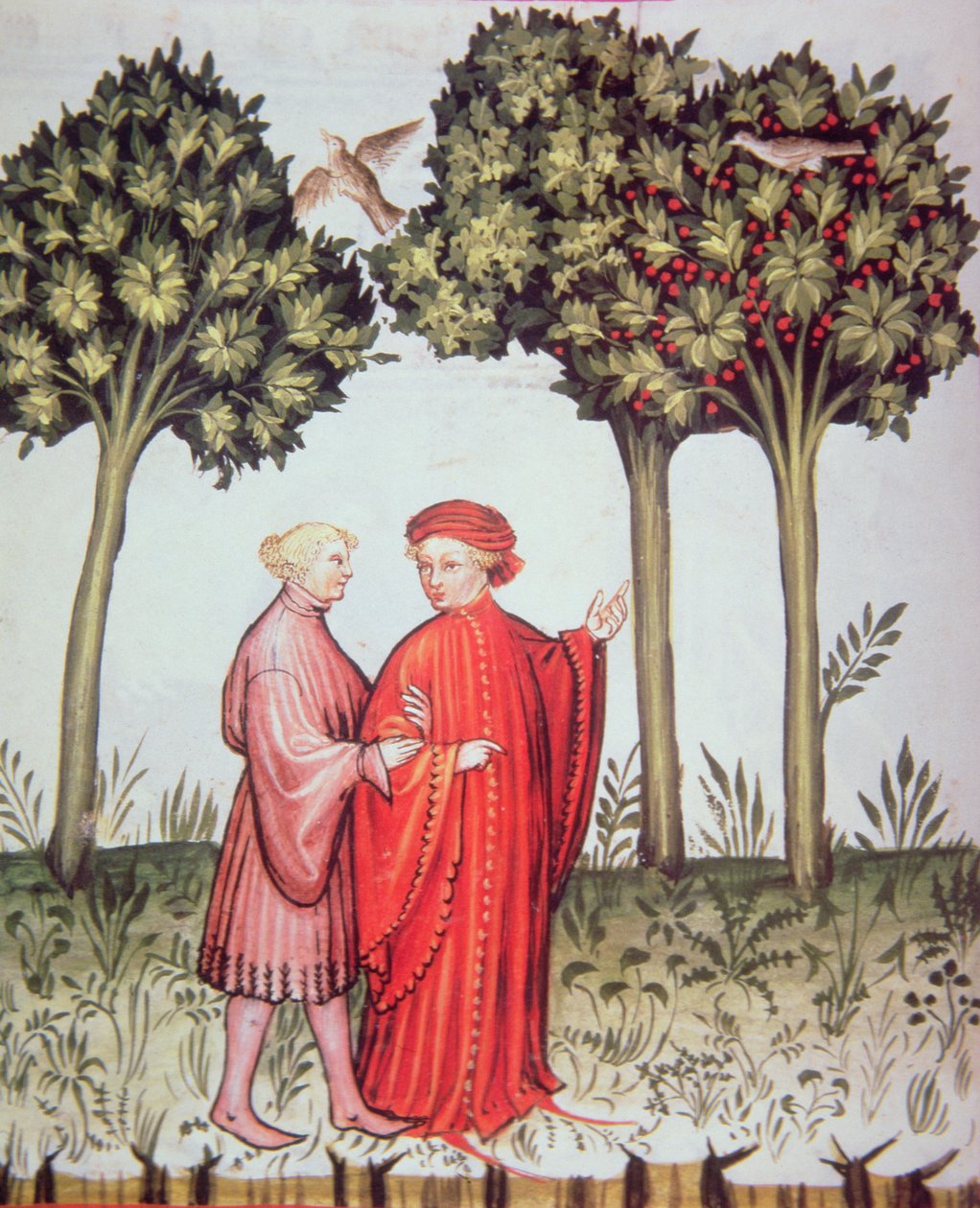 Nova 2644 fol.102v Två vänner ute på promenad tillsammans, från Tacuinum Sanitatis Codex Vindobonensis (vellum) av Italian School