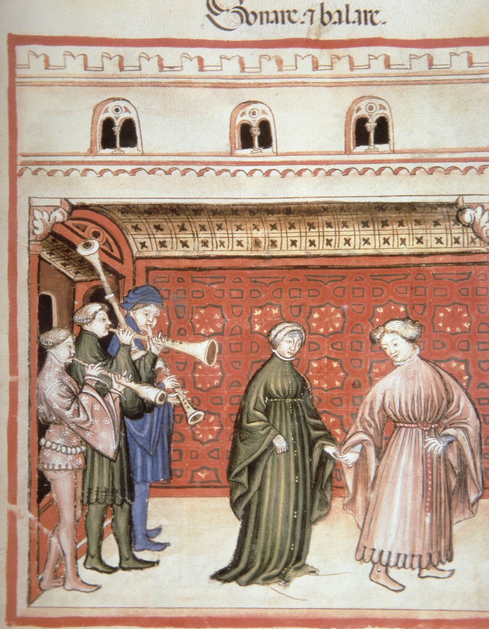 Nova 2644 fol.104r Musik och dans, från Tacuinum Sanitatis av Italian School