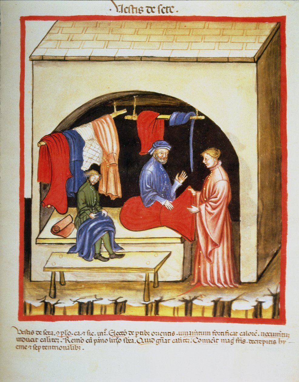 Nova 2644 fol.106r Skräddarbutiken: Silkekläder, från Tacuinum Sanitatis av Italian School