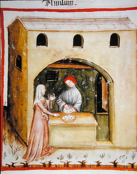 Nova 2644 fol.43r Säljer vetestärkelse, från Tacuinum Sanitatis Codex Vindobonensis (på veläng) av Italian School