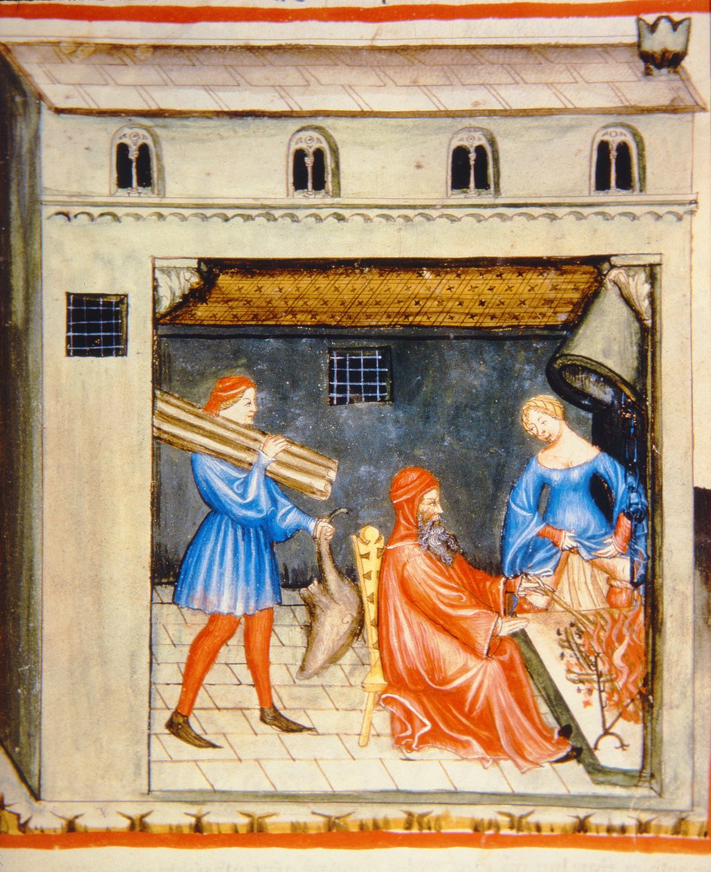 Nova 2644 fol.55r Vinter: Framför brasan, från Tacuinum Sanitatis av Italian School