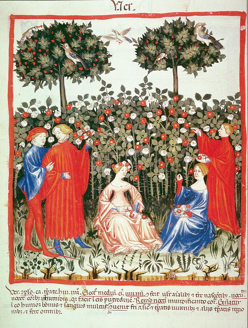 Nova 2644 fol.55v Vår: Insamlingen av blommor, från Tacuinum Sanitatis av Italian School