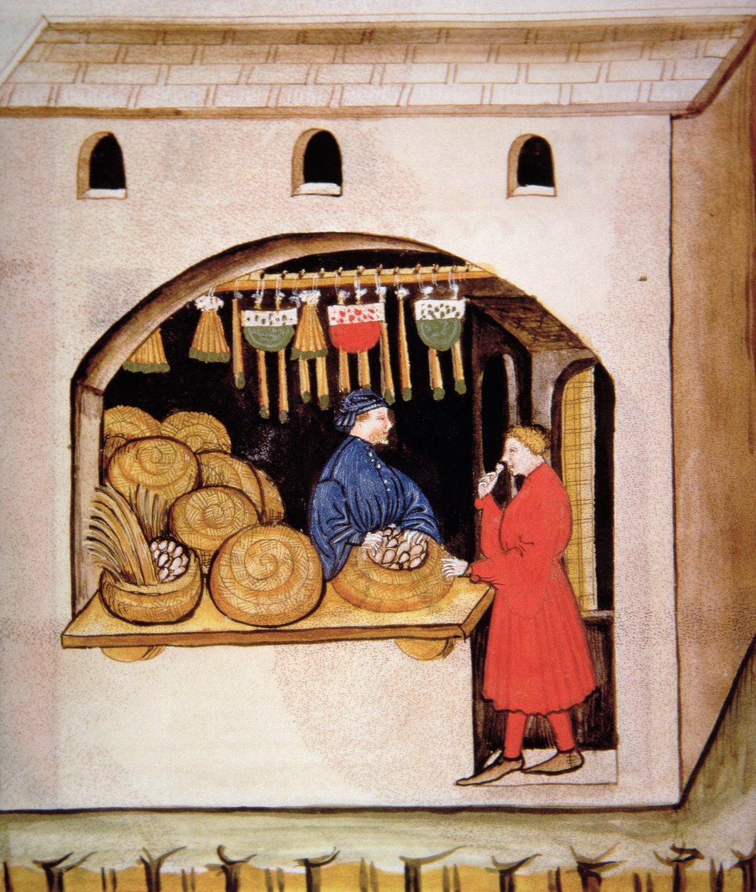Nova 2644 fol.56v Försäljningen av torkade fikon, från Tacuinum Sanitatis av Italian School