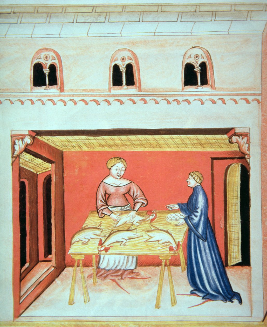 Nova 2644 fol.79v Slaktarna: Ta bort testiklar, från Tacuinum Sanitatis av Italian School