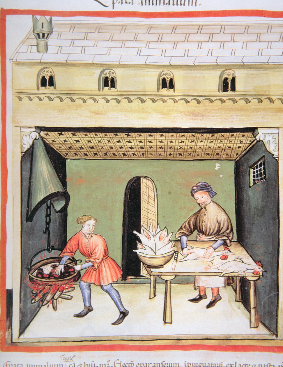 Nova 2644 fol.80r Slaktarna: Matlagningslever, från Tacuinum Sanitatis av Italian School