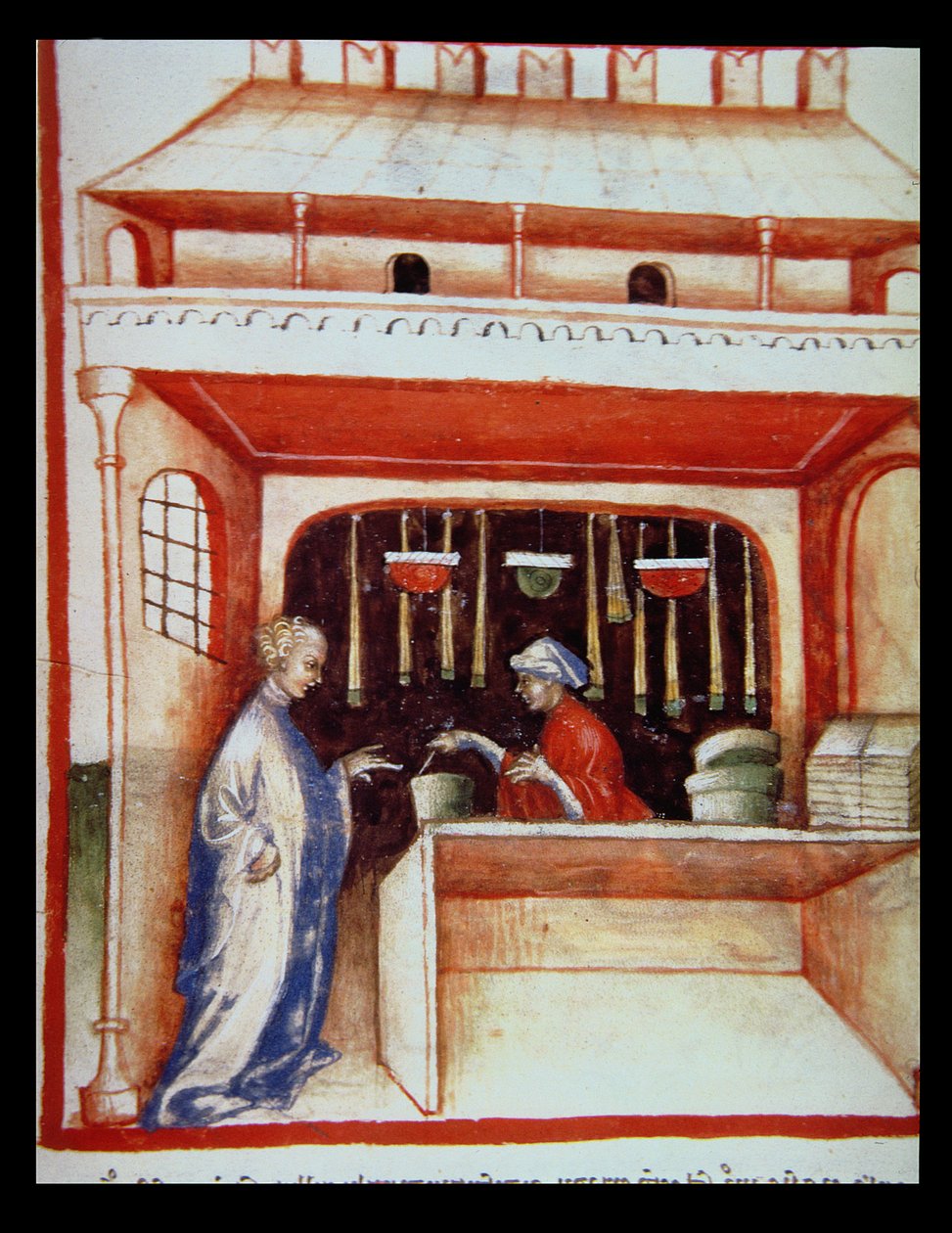 Nova 2644 fol.93v Försäljning av mysk, från Tacuinum Sanitatis av Italian School