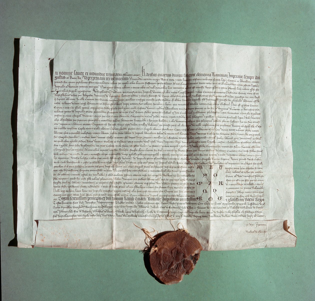 Officiellt dokument från kejsar Karl IV (1316-1378) som officiellt certifierar universitetet i Siena (Universita di Siena) som det allmänna studiet”” av Italian School
