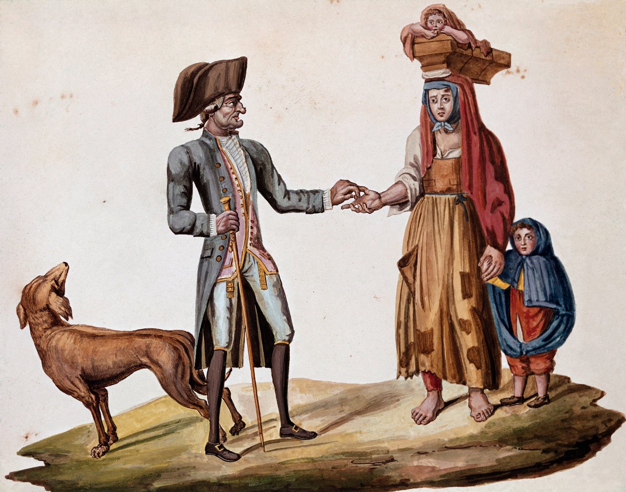 Gamla napolitanska metiers: en adelsman ger ett mynt till en palmiscian - (Gammal napolitansk handel: en rik man ger pengar till en fattig berättare) 1800-talets akvarell - Neapel Museo Nazionale di San Martino av Italian School