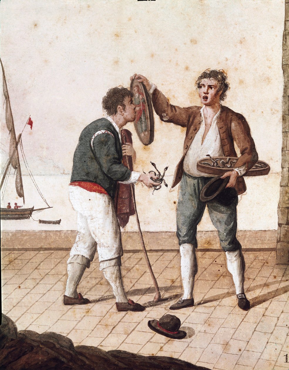 Gamla napolitanska metiers: säljare av små ormar - (gamla napolitanska affärer: säljare av gräsormar) Akvarell från 1800-talet - Neapel Museo Nazionale di San Martino av Italian School