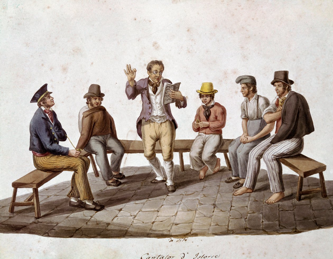 Gamla napolitanska metiers: den resande läsaren eller balladsångaren - (Gamla napolitanska yrken: en berättare) Akvarell från 1800-talet - Neapel Museo Nazionale di San Martino av Italian School