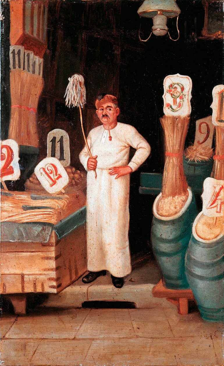 Gammal metier: pastaförsäljarens butik. Anonym detrampe. 1800-talet 1800-talets Nationalmuseum för Pasta, Agnesi Foundation, Rom av Italian School