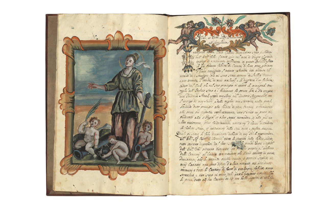 Om tillverkningen av kanoner för republiken Venedig av Carlo Camozzi di Bergamo (fl.1712), på italienska och latin, illustrerad handskrift på papper, Venedig, första hälften av 1700-talet (bläck och färg på papper) av Italian School