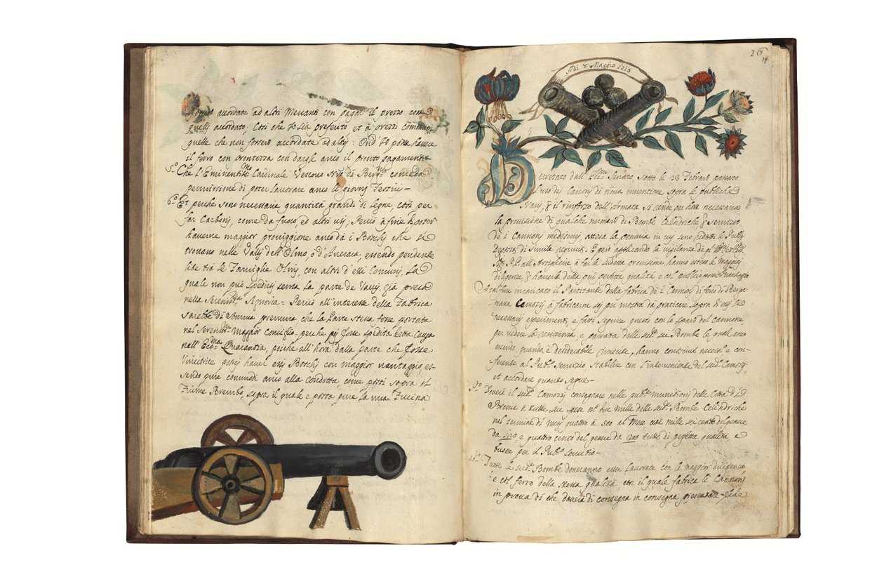 Om tillverkningen av kanoner för republiken Venedig av Carlo Camozzi di Bergamo (fl.1712), på italienska och latin, illustrerad handskrift på papper, Venedig, första hälften av 1700-talet (bläck och färg på papper) av Italian School