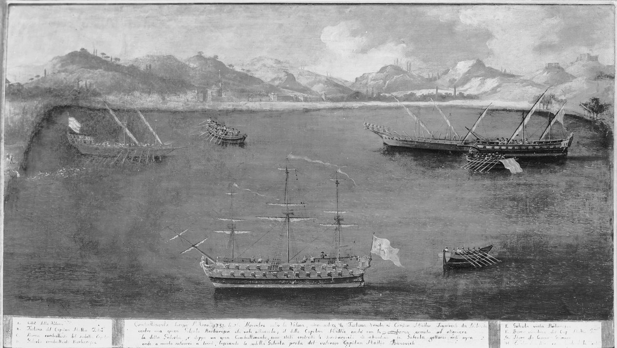 En av den berömda sjömannen Mattio Ivanovich da Dobrotas sjöexploatering, ca 1730 av Italian School