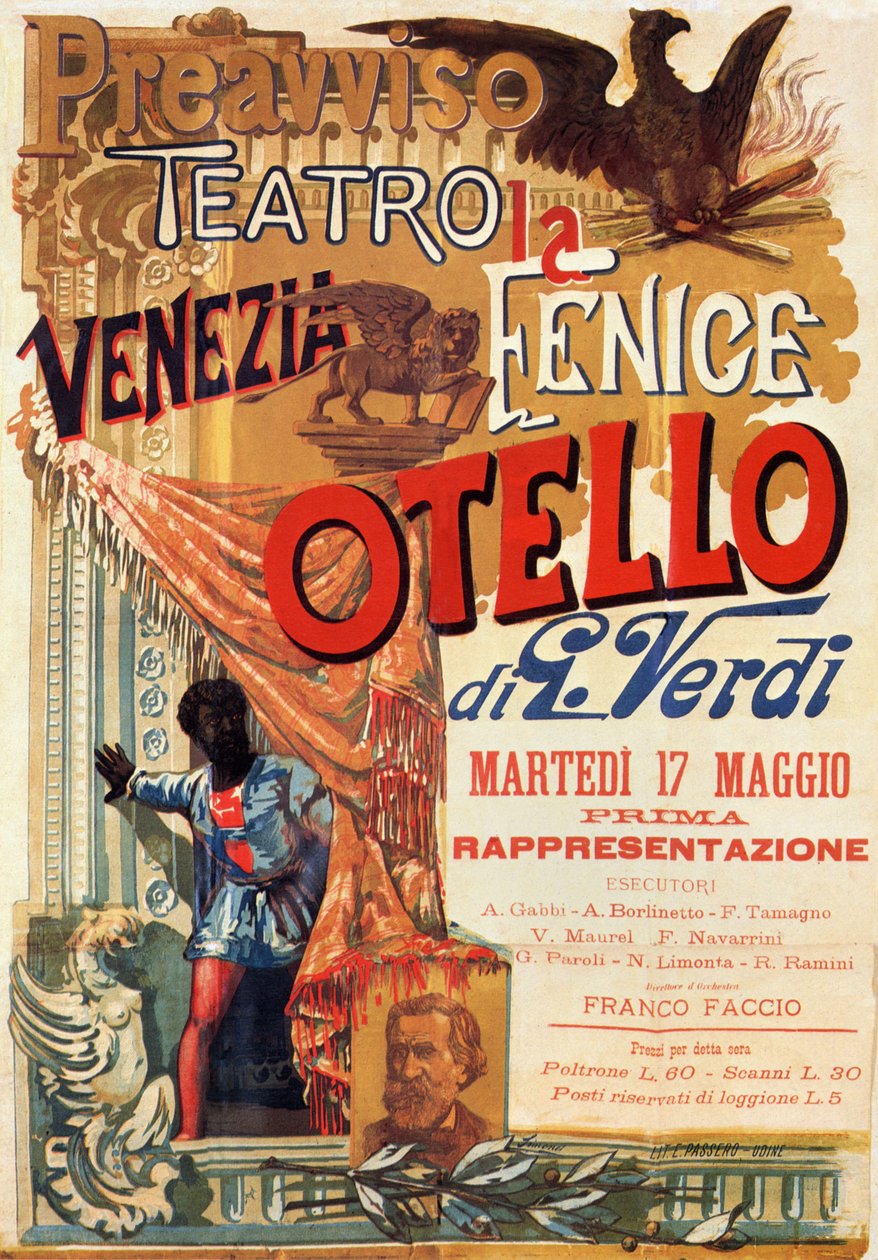 Otello: Affisch för den första föreställningen av Verdis opera Otello på Teatro Fenice i Venedig av Italian School