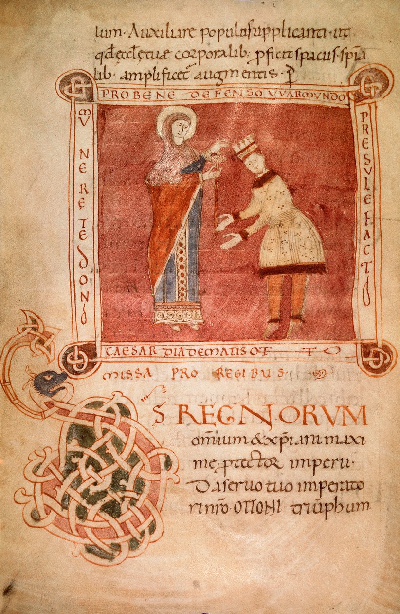 Otto I krönt av Jungfru Maria, från biskop Warmondos sakramentarie (vellum) av Italian School