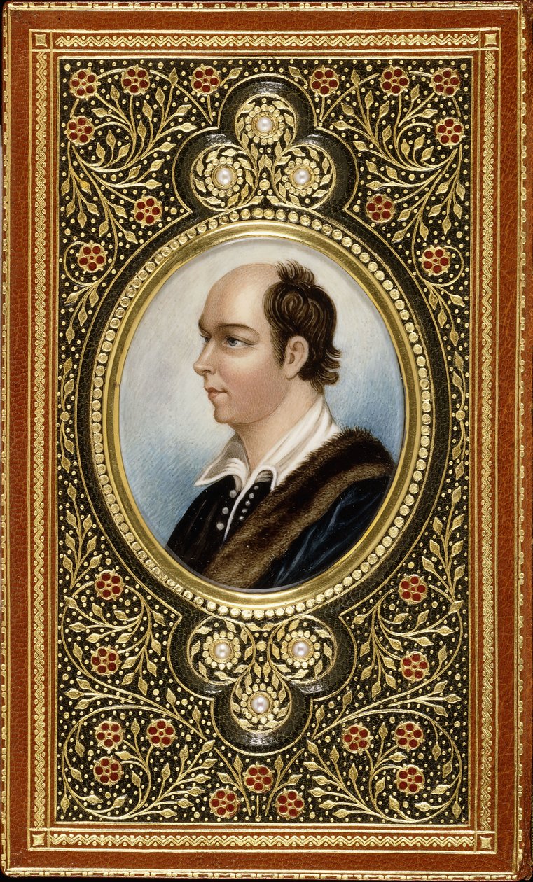 Ovalt miniatyrporträtt av Oliver Goldsmith, inramat med förgyllda trefoils satt med tre pärlor, 1831 av Italian School