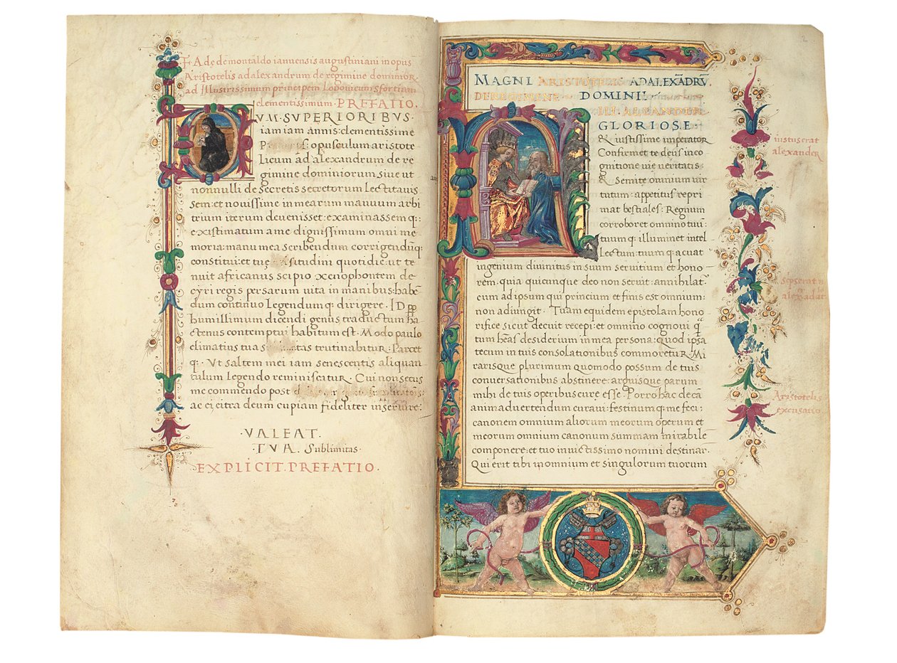 PSEUDO-ARISTOTLE, Secreta secretorum; "MARDOCHEUS IUDEUS", Epistola ad Alexandrum de cognitione veri dei; ADAM DE MONTALDO (fl. ca 1450-1495), Divinitus prolata iudicia sive premonita; Quedam alia summatim posita iudicia, Rom, ca 1490 (bläck och färg på ve av Italian School