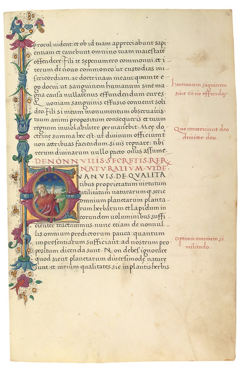 PSEUDO-ARISTOTLE, Secreta secretorum; "MARDOCHEUS IUDEUS", Epistola ad Alexandrum de cognitione veri dei; ADAM DE MONTALDO (fl. ca 1450-1495), Divinitus prolata iudicia sive premonita; Quedam alia summatim posita iudicia, Rom, ca 1490 (bläck och färg på ve av Italian School