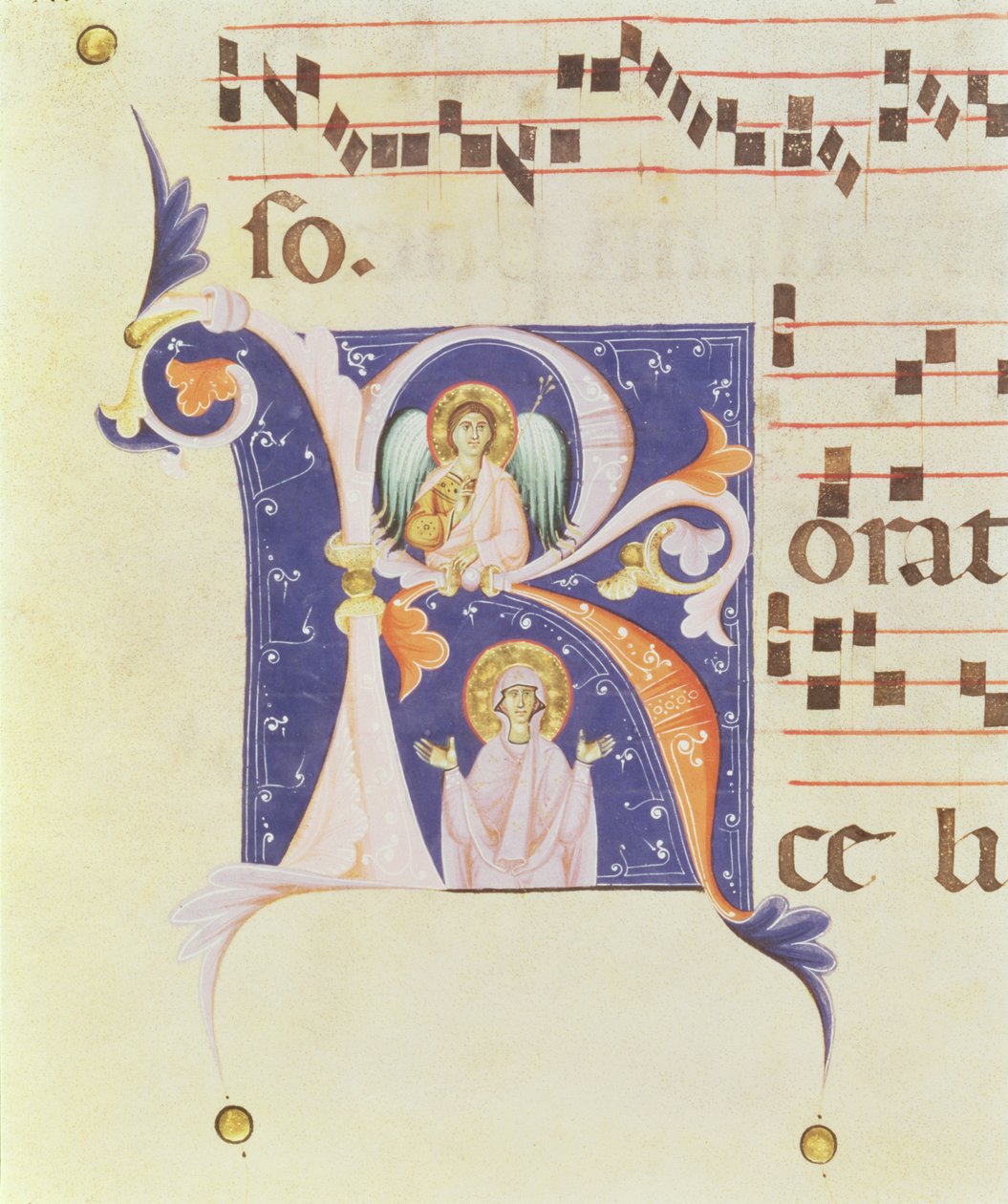 P 23 V Historikert initial "R" som visar en ängel och ett kvinnligt helgon (vellum) av Italian School