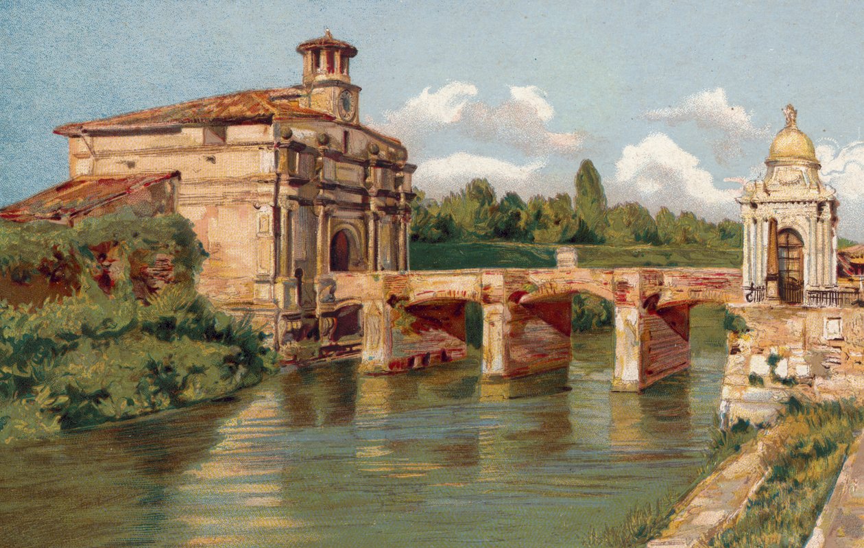 Padua / Padua: Porta Venezia och bron över Bacchiglione (chromolitho) av Italian School
